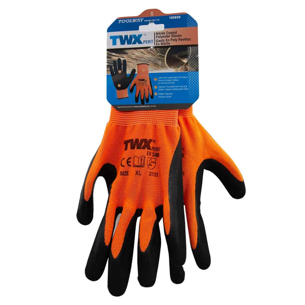 1dz Knitted Polyester Gloves Orange With Latex Foam Black Palm M